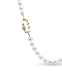Discount Akoya perlekjede i 14 karat gult gull med diamanter 0,37 ct Halssmykker