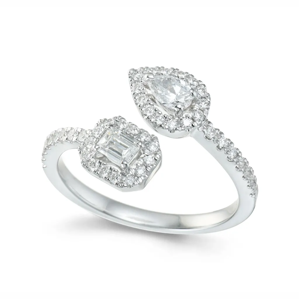 Online Diamantring i hvitt gull 0,70 ct pear-cut og smaragd-slip Ringer