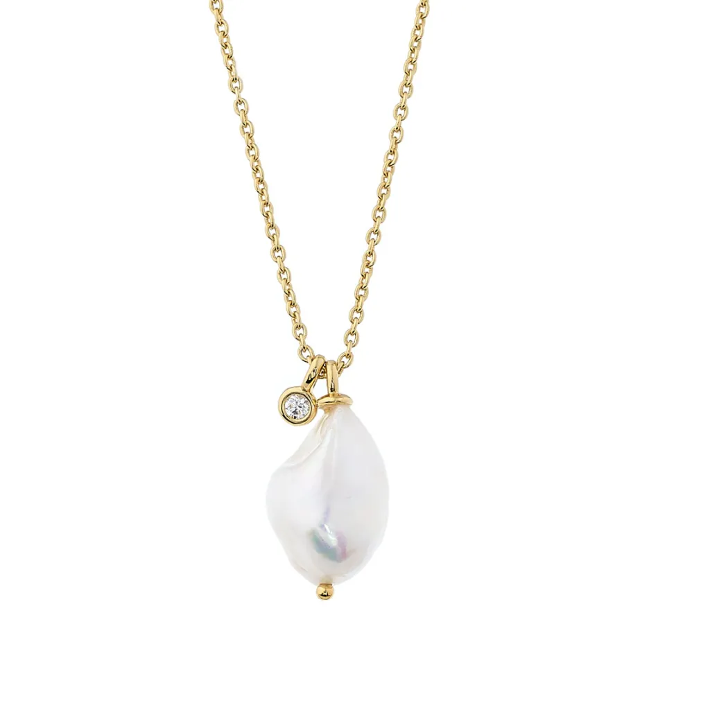 Clearance Forgylt kjede med ferskvannsperle og cubic zirkonia 70 cm Halssmykker
