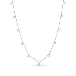New Kjede i gult gull med perler og diamanter 0,06 ct Halssmykker