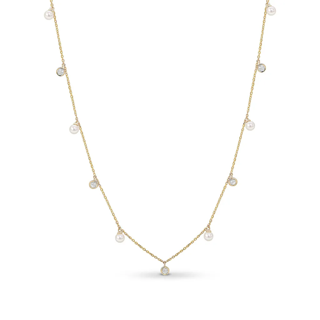 New Kjede i gult gull med perler og diamanter 0,06 ct Halssmykker